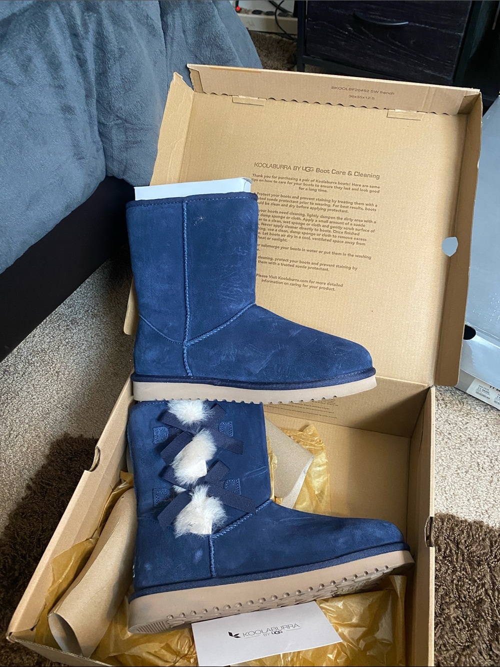 Koolaburra Navy Suede Mid-Calf Boot with Pom Accent